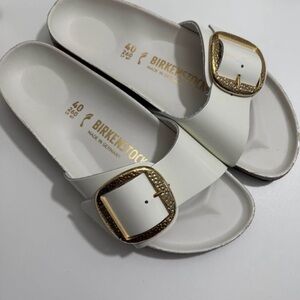 Birkenstock White Sandals with Gold Buckle